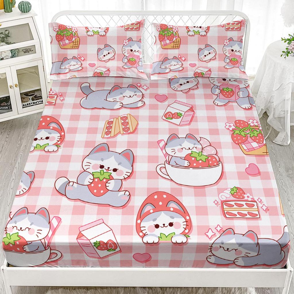 Мультяшный кошачий узор Шапка на кровать из трех частей Цифровая печать Постельное белье Шапка на кровать Набор из трех частей Дети и взрослые