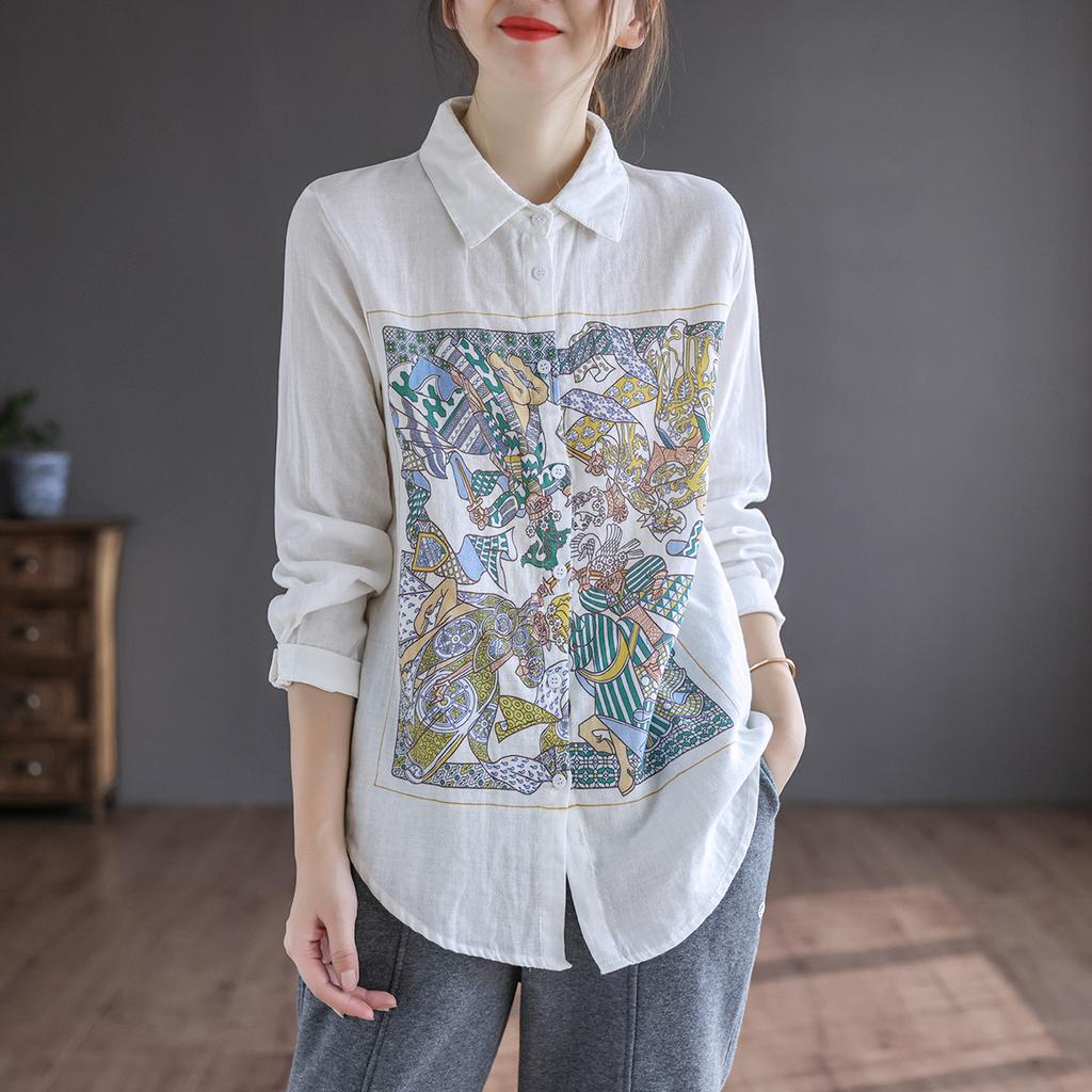 Johnature Women Loose Print Floral Shirts Turndown Collar Long Sleeve Vintage Shirt Autumn Chinese Style Casual Blouse