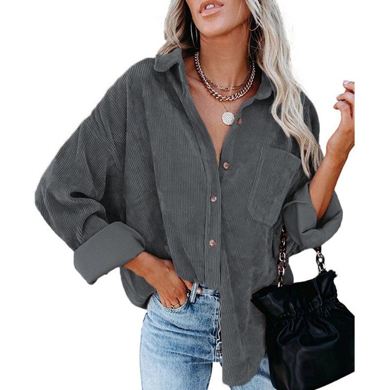 Хлопковая Повседневная вельветовая блузка женская в полоску размера плюс женская рубашка-куртка винтажная пуговица с карманом свободные модные блузки топы 17787