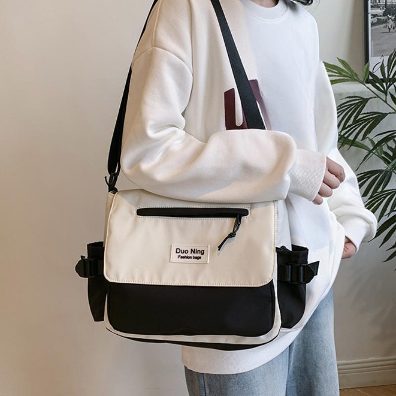 Small Fresh Canvas Color Blocked New Postman Bag Large Capacity Campus Student Trendy Work Commuter Crossbody Bag