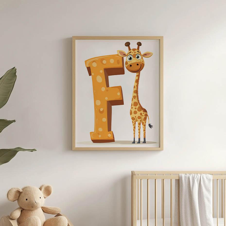 Плакат Жираф и Буква F Плакат Жираф и Буква F, 30x40 см, Рама Деревянная Светлый Дуб, Матовая Бумага 230 г/м²