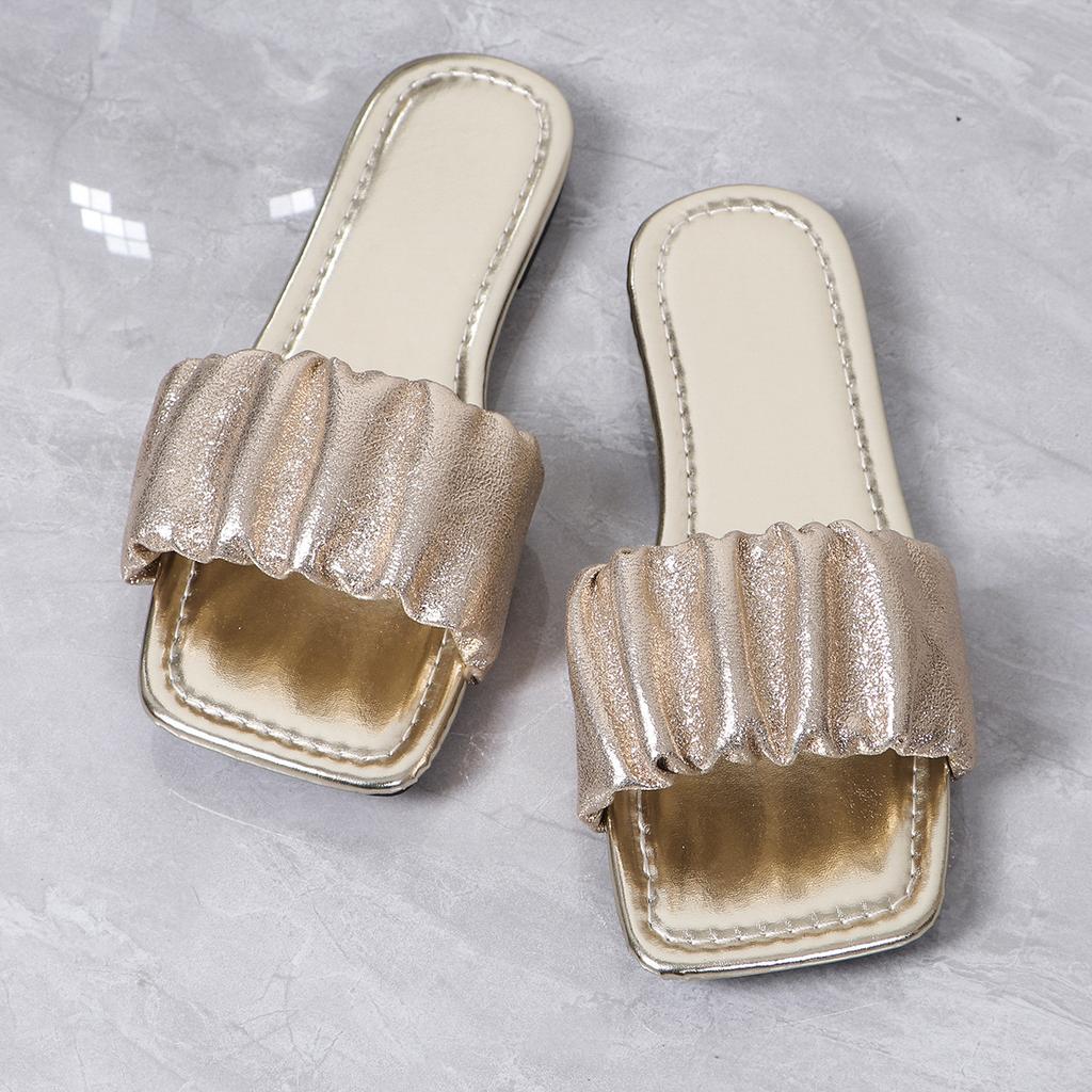2025 Large Size Flat Slippers New Summer Fashion Pleated Sandals Square Head Slippers Spot Women's Shoes