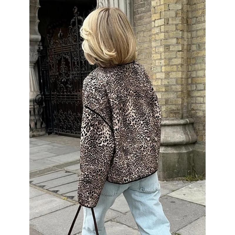 Fashion Leopard Printed Patchwork Coats for Women Casual Long Sleeve Loose Female Cotton Jacket 2024 Autumn Winter New Pocket Outerwear