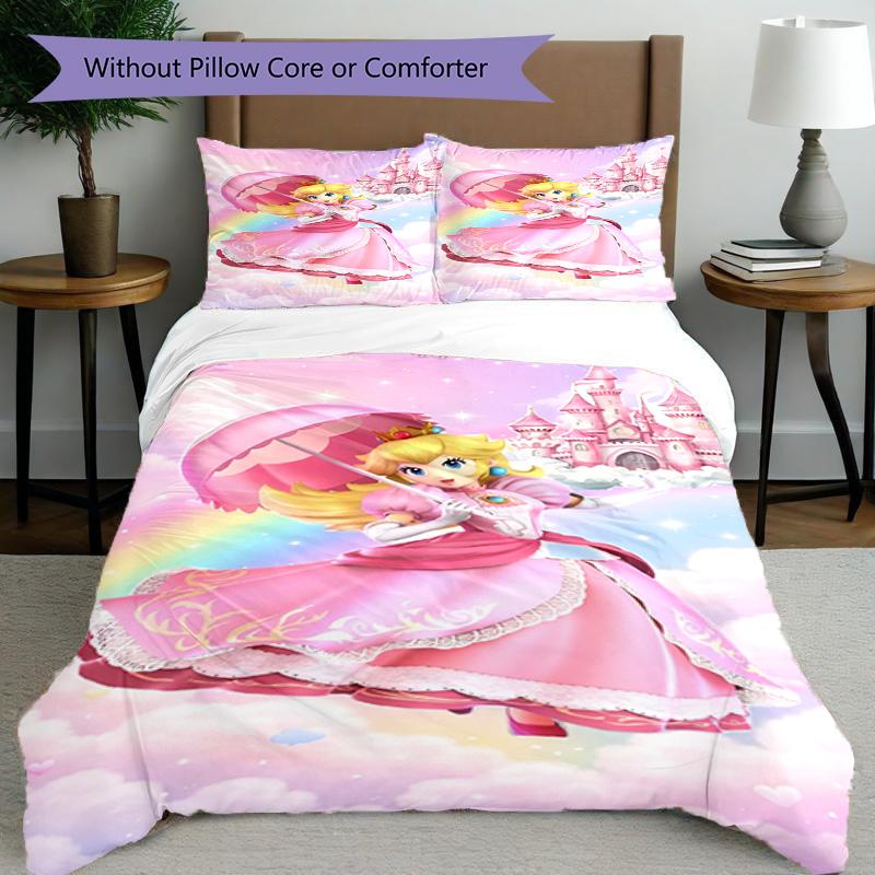 3pcs Duvet Cover Set (1*Duvet Cover + 2*Pillowcase, Without Core), Princess Peach Toadstool Print Bedding Set, Bedroom Decor, All‑Season, Birthday Gif