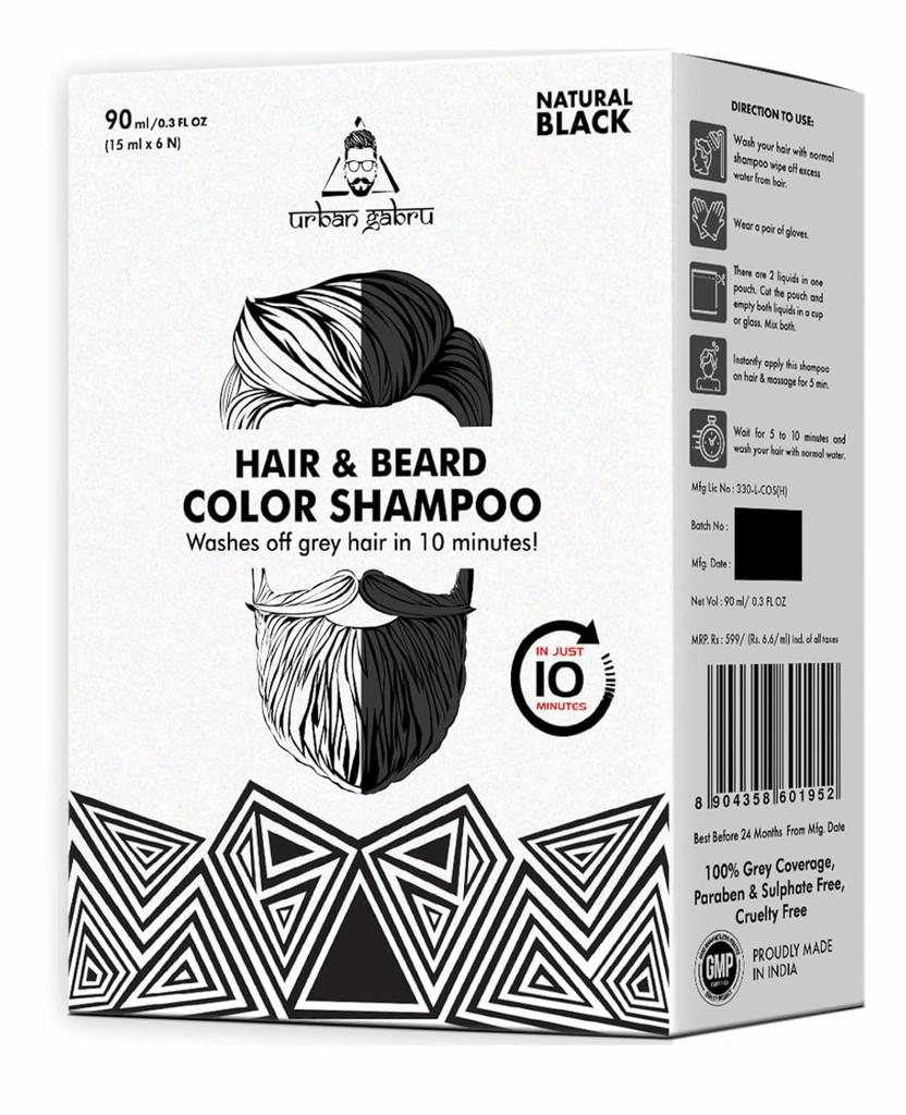UrbanGabru Hair and Beard Color Shampoo - Natural Black - Ammonia Free and Enriched with Vitamin C - Include Free Gloves (90 ML)
