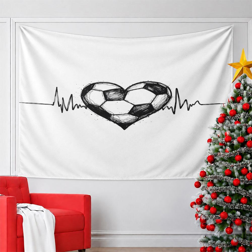 Soccer Heart with Heartbeat Line Pattern Wall Hanging Tapestry Decorative Tapestry Home Decor for Bedroom and Living Room