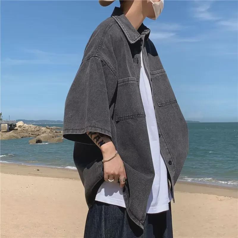 Мужская летняя рабочая джинсовая рубашка с коротким рукавом - модный японский гонконгский стиль