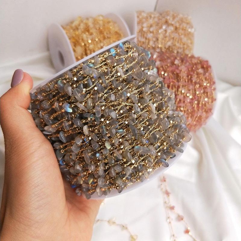 14K Gold-plated Irregular Natural Strawberry Quartz Citrine Moonstone Handmade Loose Chain for DIY Bracelet Necklace Material