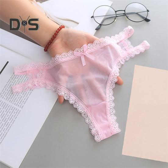 Sexy Embroidery Lace Stitching Briefs Solid Color Bowknot Decor See Through Mesh Thong Low Rise Ultra Thin Hollow Out Panties