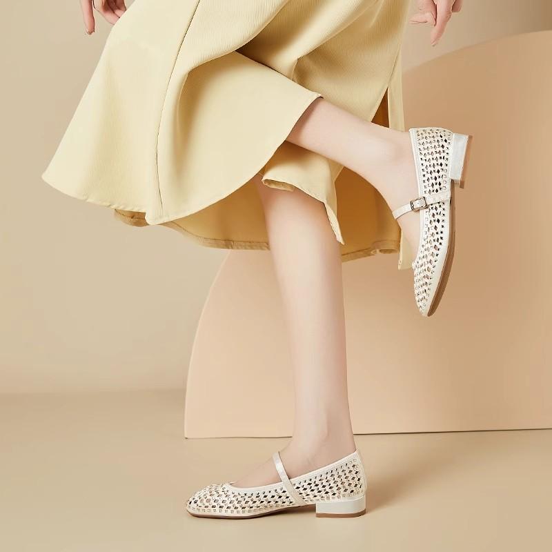 Fashion Vintage Single Shoes Women Summer New Round Toe Shallow Mouth Cutout Breathable Rhinestone Mary Jane Women's Shoes