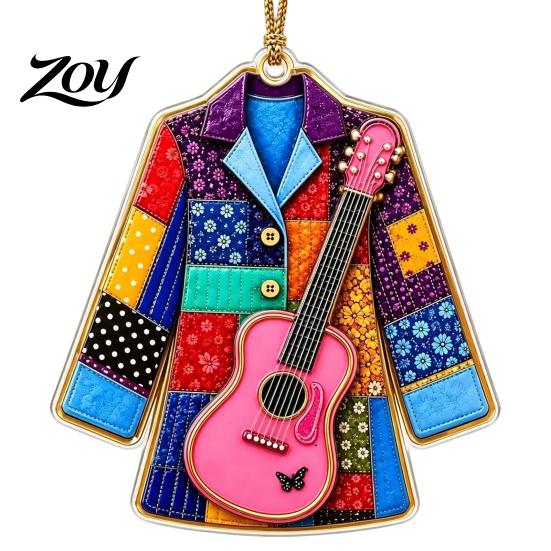 Music Lover Holiday Gifts Acrylic Guitar Christmas Ornament, Patchwork Jacket Butterfly Flat Hanging Pendant Festive Wall And Window Decor with