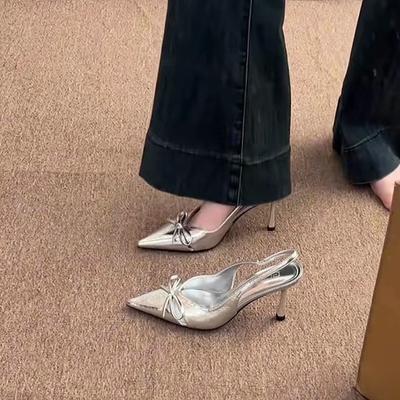 Туфли-лодочки на высоком каблуке, серебристые, с острым носком, с бантом, сандалии с закрытой пяткой, женские, весенне-летние, на тонком каблуке, из лакированной кожи