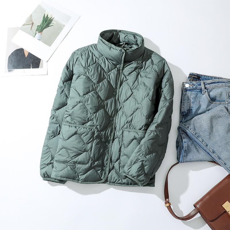 Women Ultralight Down Jacket Autumn Winter Outwear Casual Argyle Stand Collar Simple Coat Korean Style