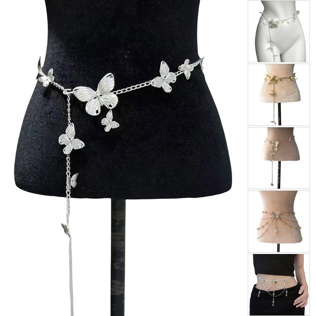 Elegant Flower Butterfly Pearl Waist Chain Multilayer/Single Layer Body Chain Decorative Belly Decor for Fashion Women