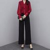 2 шт./комплект OL Commuting Outfit рубашка брюки комплект чистый цвет V-образный вырез длинный рукав блузка высокая талия широкие брюки деловая офисная одежда