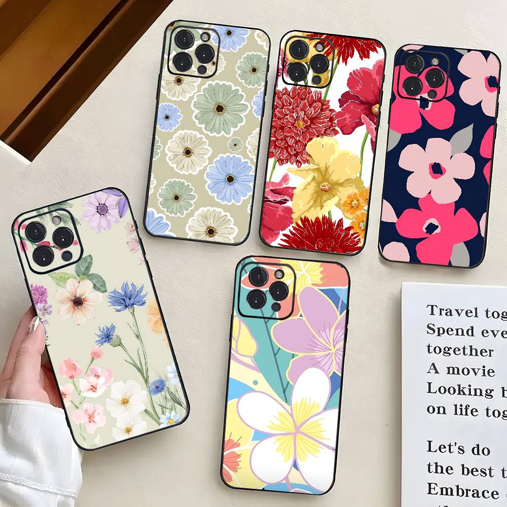 Художественный цветок Для IPhone 13,17,11,12,16,14,15,Plus,Pro Max Мягкий силиконовый черный чехол для телефона
