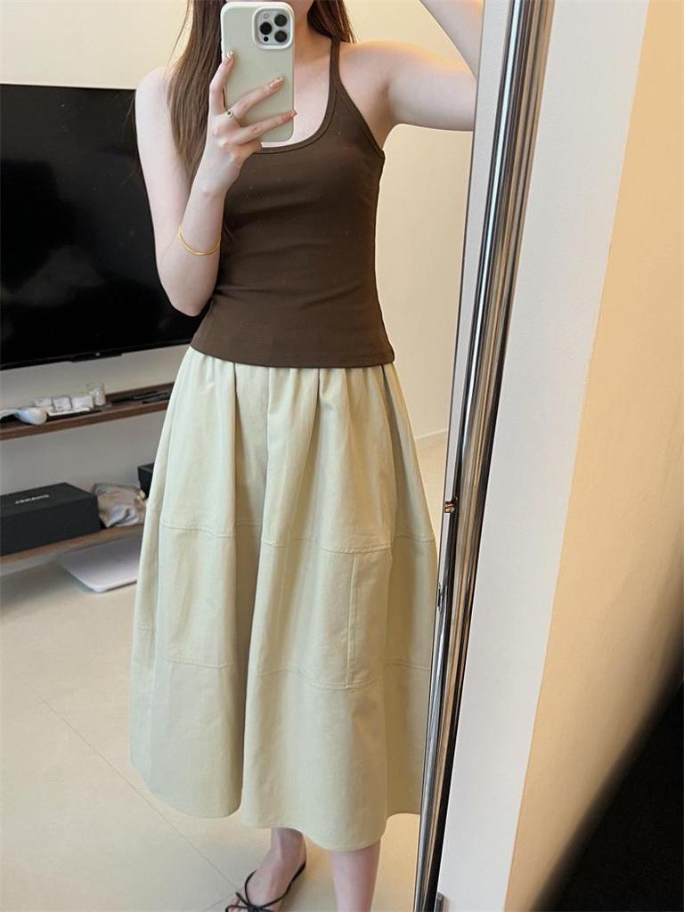 Cream A-line Midi Skirt: Spring/Summer, Chinese Style, Elastic High Waist