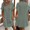 Летнее женское платье с отложным воротником, однобортное, свободное, с короткими рукавами, свободное, однотонное, с накладным карманом, длиной до колена, для отдыха, миди-платье