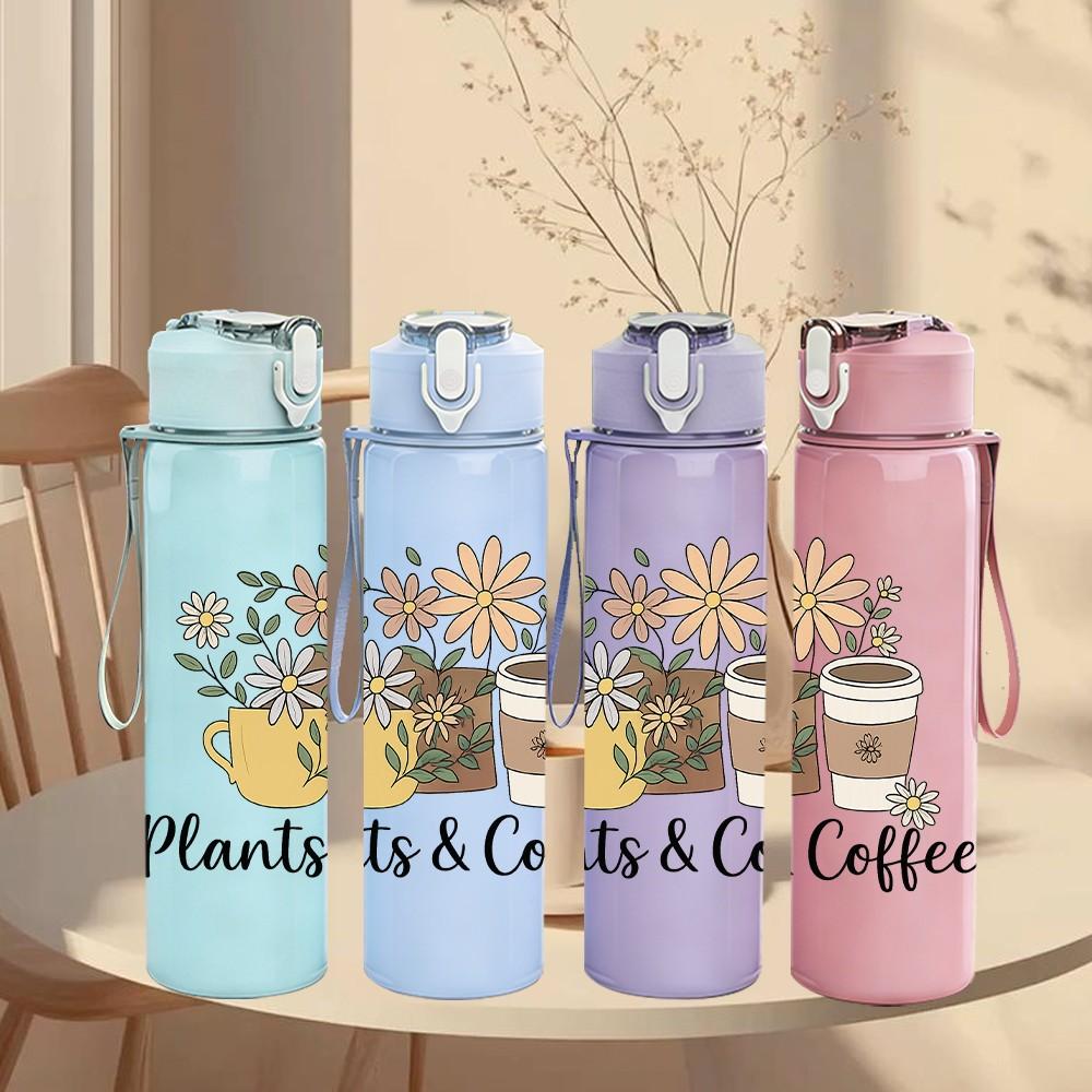 1PC Plants And Coffee Pot Art 750ml Color Plastic Sports Water Bottle Leakproof Flip Straw Lid Suitable for Sports Office Home Use