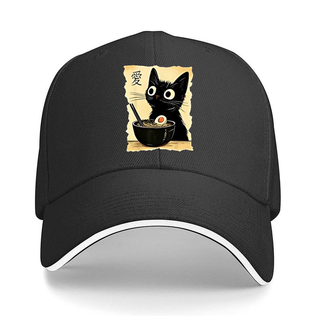 One Fashionable Printed Cartoon Cat Noodles Pattern Summer Curved Brim Cap Trendy Daily Wear Duckb Sandwich Baseball Cap