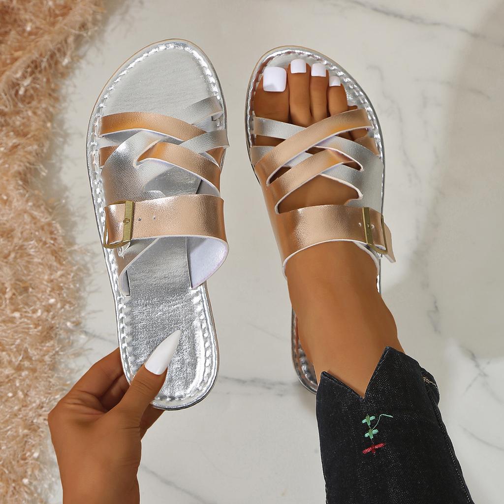 Women's Large Size Slippers Summer New Color Block Round Toe Straight Flat Outside Casual Sandals