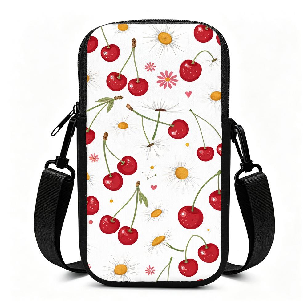 Red Cherry Daisy Floral Print Crossbody Phone Bag, Cute Aesthetic Flower Fruit Pattern Small Shoulder Purse, Lightweight Christmas Gift Holiday Party