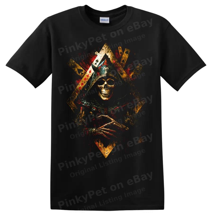 Skull Playing Card T Shirt Gothic Horror Skeleton Red Gold Grunge Art Tee Print