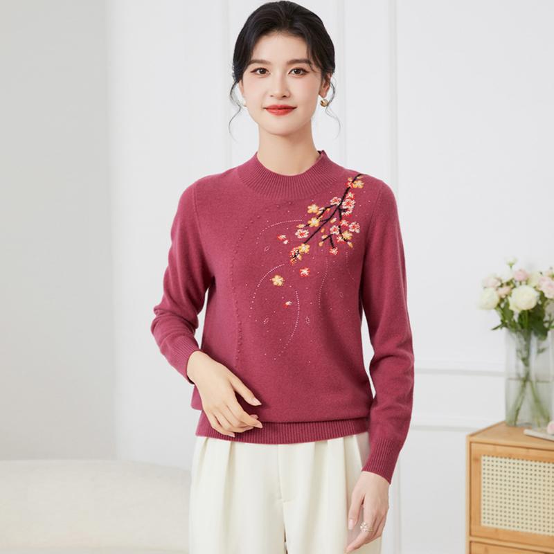 Mom outfit [One Branch Flower] 100% pure wool sweater for women, noble middle-aged, spring outfit, round neck base sweater