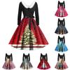 Women's Fashion Round Casual Slim Fit Christmas Print Large Swing Long Sleeve Dress
