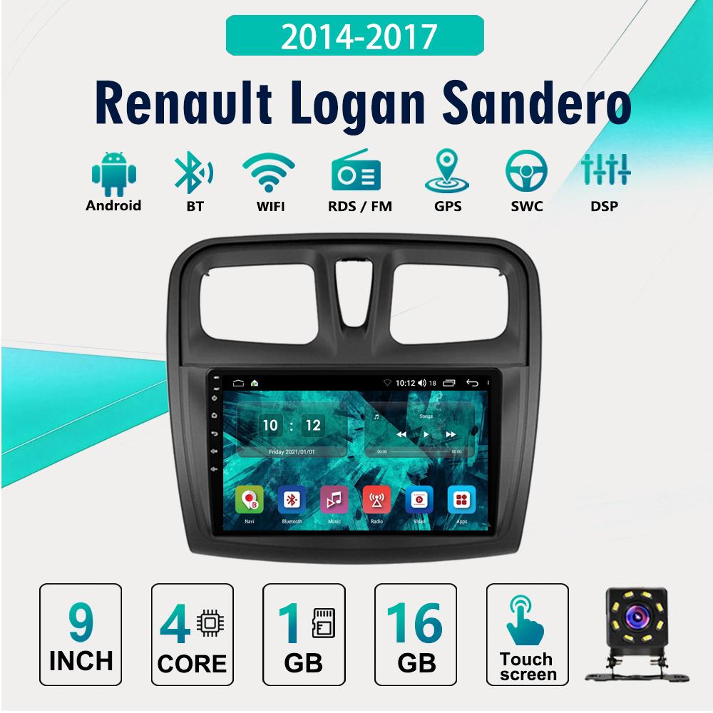 2DIN Android Автомагнитола с Car-Play, для Renault Logan Sandero 2014-2017, Мультимедийный Плеер Головное Устройство Стерео Навигация GPS BT WIFI, 1+16GB