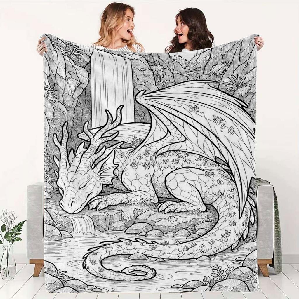 Black and White Dragon Blanket, Adult Coloring Style Fantasy Art Throw for Sofa Bed, Cozy Fleece Decor Gift