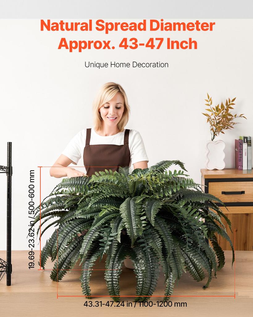 VEVOR Artificial Ferns, 1219 mm Fake Boston Fern Bush Plant with 88 Fronds, Large Faux Greenery for Indoor and Outdoor Decor, Silk & LDPE