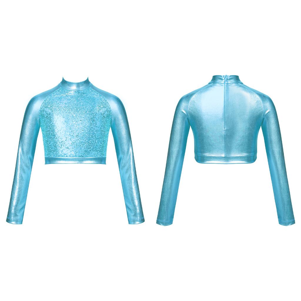 Детский блестящий металлизированный укороченный топ в стиле хип-хоп для девочек, футболка с длинными рукавами и блестками, современная танцевальная одежда для джазового балета