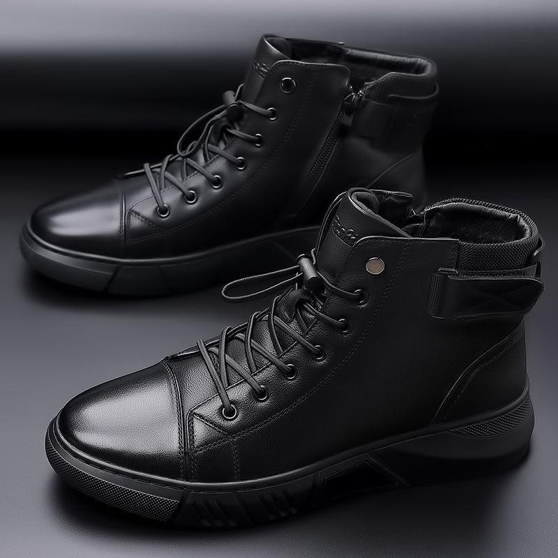 Leather Cowhide Martin Boots Men's Winter High Top Leather Boots Fleece British Cotton Leather Shoes Men's Cotton Shoes Warm Snow Boots