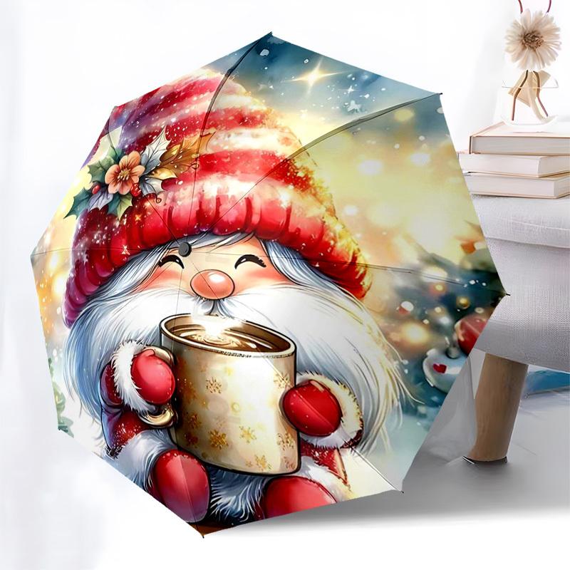 1pc Christmas Gnome with Festive Flowers: Automatic Opening/Closing Umbrella, Portable 3-Fold Design, 8-Bone Iron Frame Outdoor Umbrella, Perfect Gift