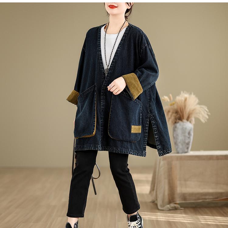 Stylish V-neck Vintage Large Pocket Loose Fit Jacket for Women