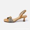 Fashion Trendy Vintage French Style Back Strap Grid Checkered Square Head Thin Heel Sandals for Women Elegant Walking Shoes