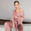Women Robes With Sashes 2 Piece Set Wrist Sleep Tops Satin Pants Loose Pajamas Casual Sleepwear Female Home Suits