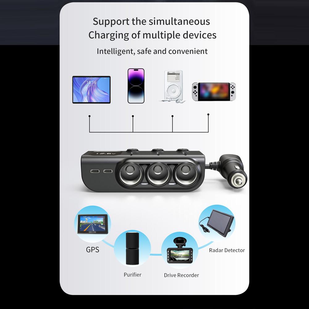 Автомобильные зарядные устройства 120 Вт Адаптер быстрой зарядки Разветвитель питания на 3 гнезда 12 24 В с 3 USB-портами + 2 портами Type-C Отображение напряжения