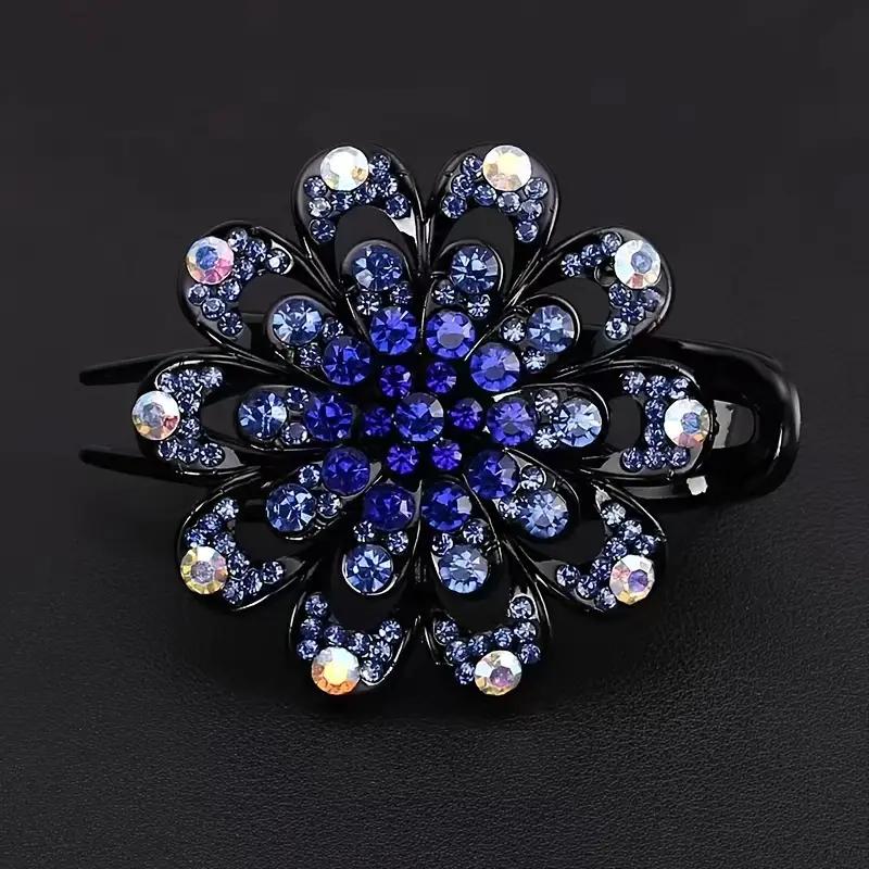 Flower Hair Clip Crystal Rhinestone- Fancy Ponytail Barrette Elegant Hair Clip for Women