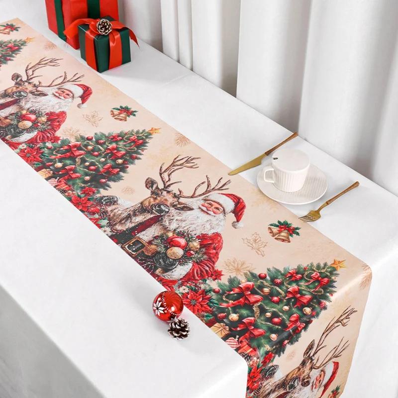 Retro Santa Claus Table Cover Vintage Christmas Table Runner Navidad Noel New Year Home Decorations Gift