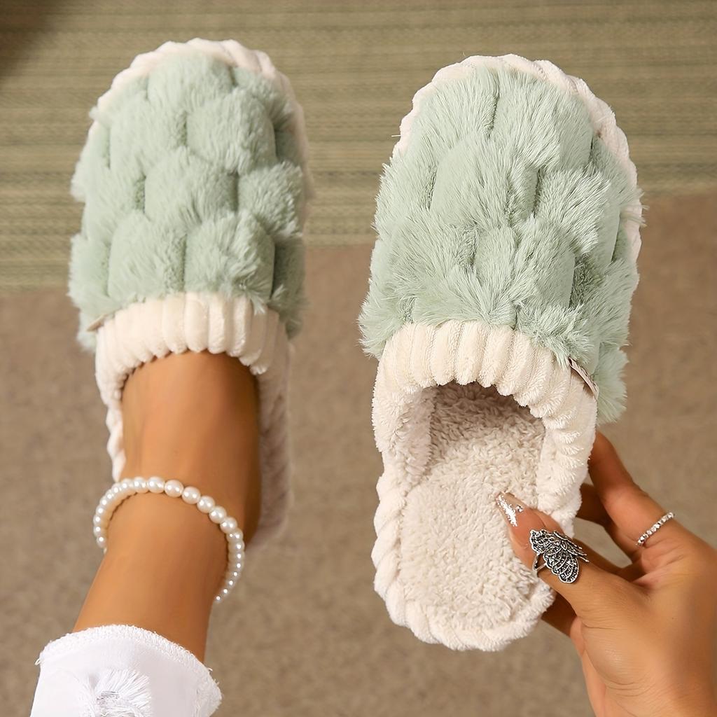 1 Pair Faux Fur Slippers, Casual Slip On Plush Lined Shoes, Comfortable Indoor Home Slippers