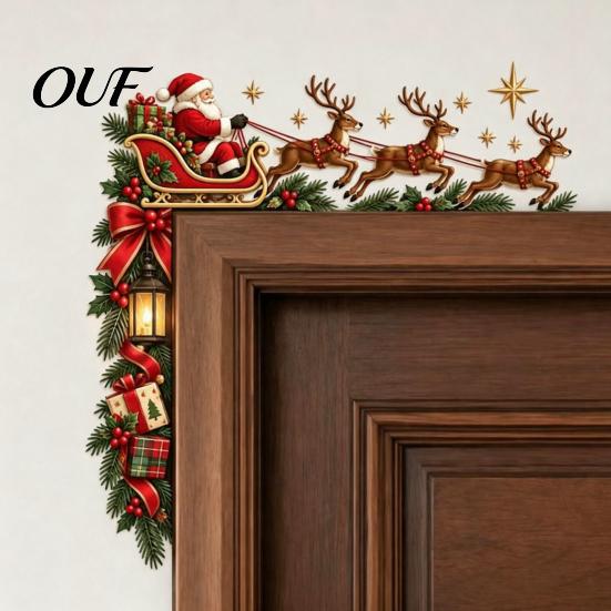 Rustic Holiday Home Accents Christmas Door Topper, Funny Santa Claus Reindeer Sleigh Frame Seasonal Decorative Corner Piece Sign, Wooden Decor