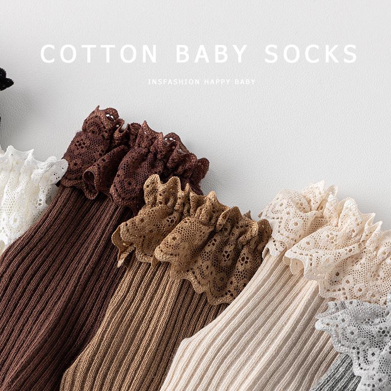Детские носки из гребенного хлопка с кружевом до середины икры, нескользящие - Весна/Осень/Зима