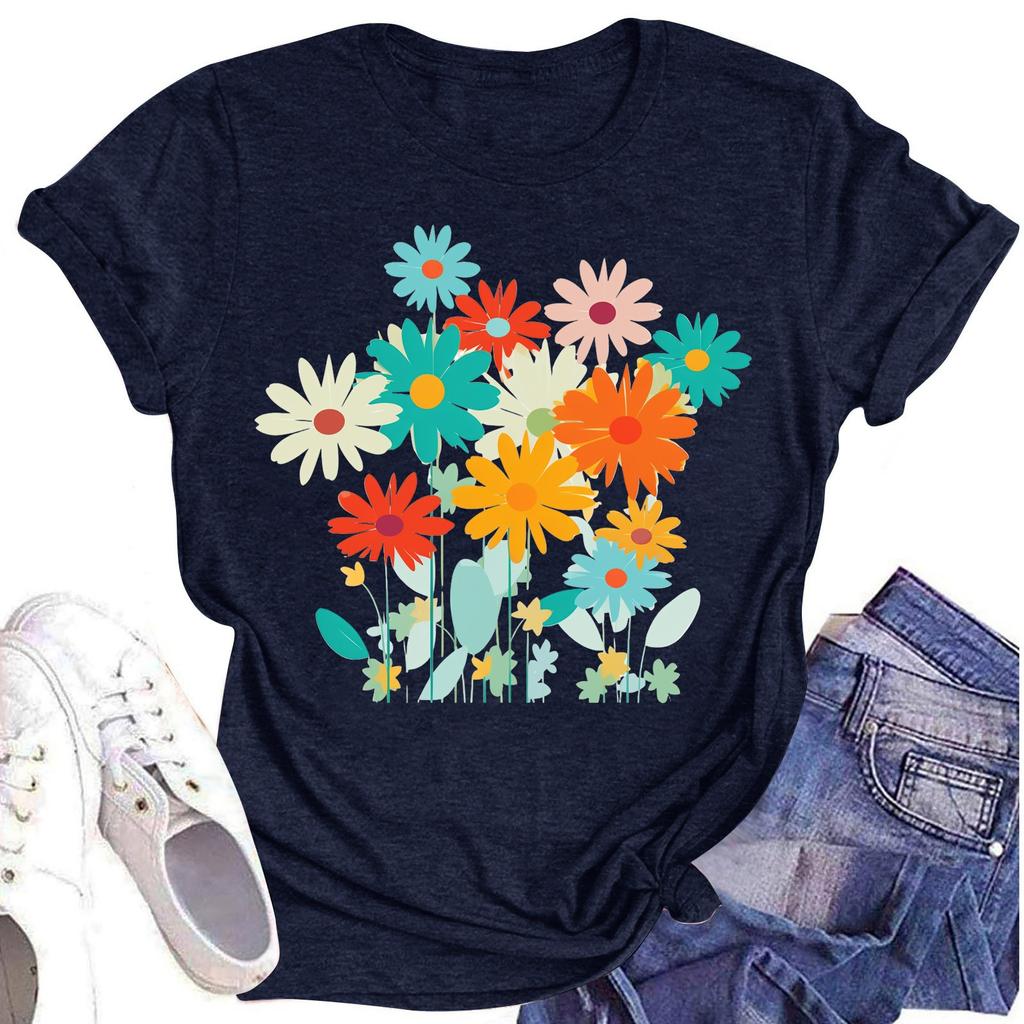 Женская повседневная футболка с круглым вырезом и цветочным принтом, короткий рукав