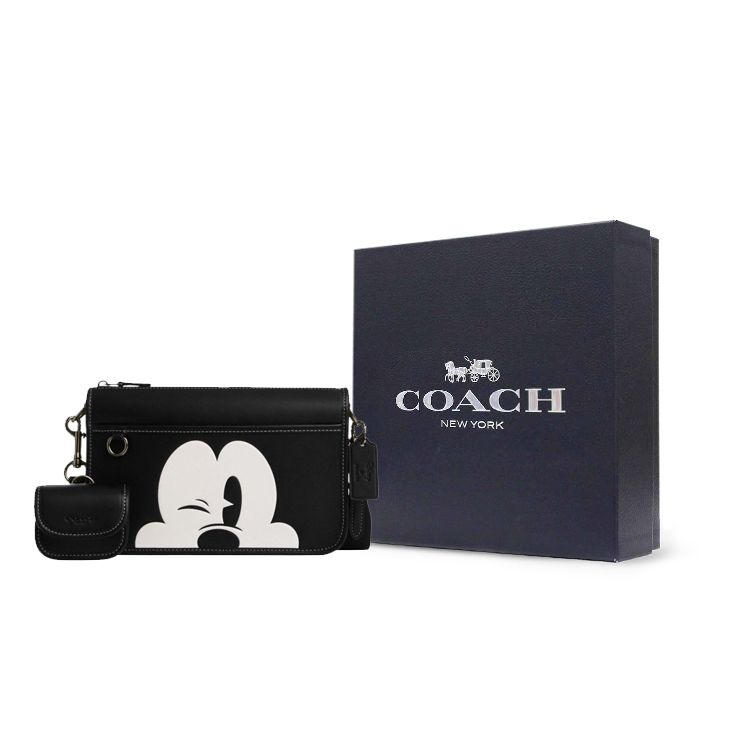 Coach X Совместная коллекция Disney Принт Микки Застежка-пряжка Многофункциональная кожаная сумка через плечо Crossbody Средний Мужские сумки Черный CM030-QBTJE