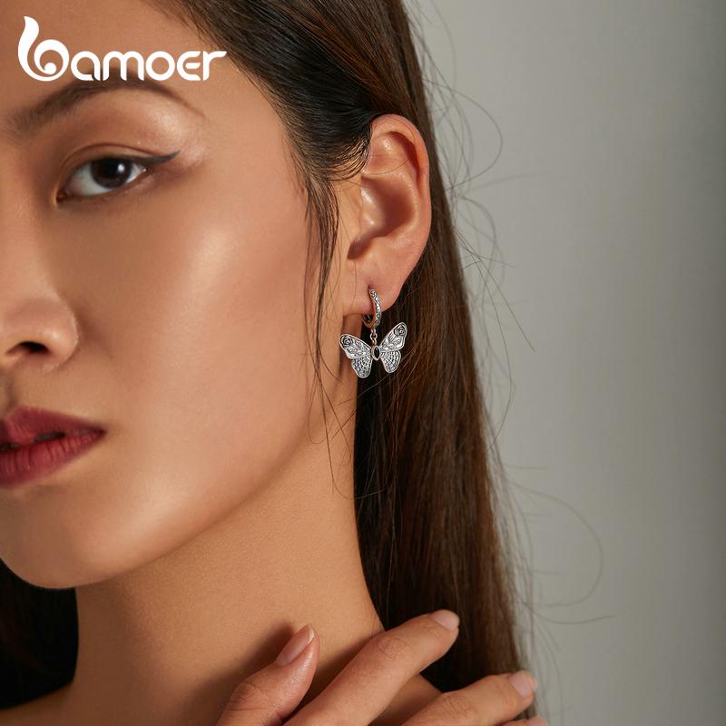 Женские серьги-капли BAMOER из стерлингового серебра 925 пробы с изысканным узором и бабочкой, изящные ювелирные изделия