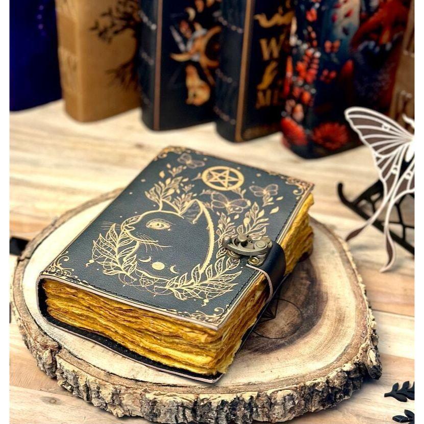 Grimoire Journal Leather Print Caltic Cat Journal Blank Spell Book of Shadows