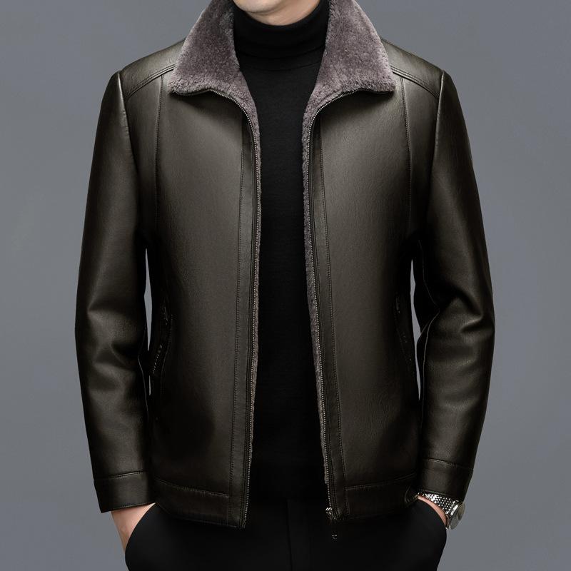 Winter Genuine Leather Men's Jacket with Velvet and Thickening Middle-aged Men's Dad's Fur Integrated Leather Jacket
