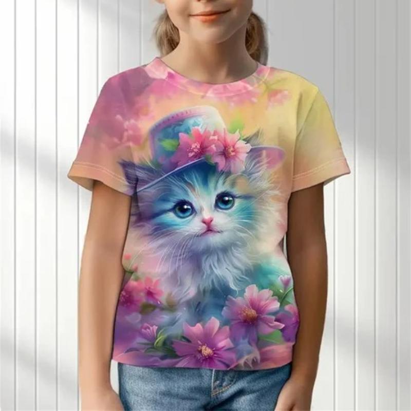 Children's Cartoon Kitten Print Cute Tie Dye Multi-color T-shirts Girls Fashionable Soft Comfortable T-shirt